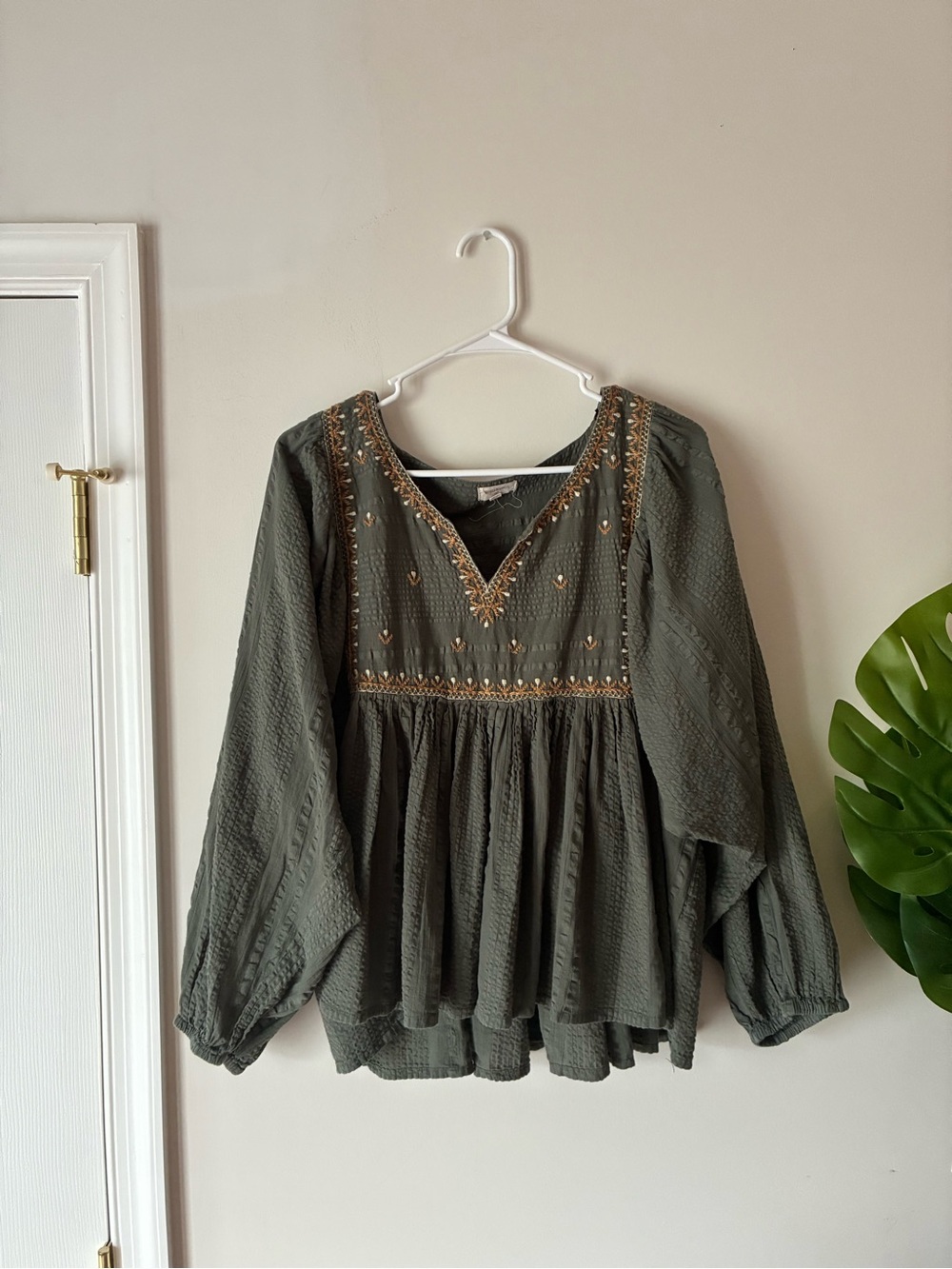 Olive Embroidered Peasant Blouse - Women Tops